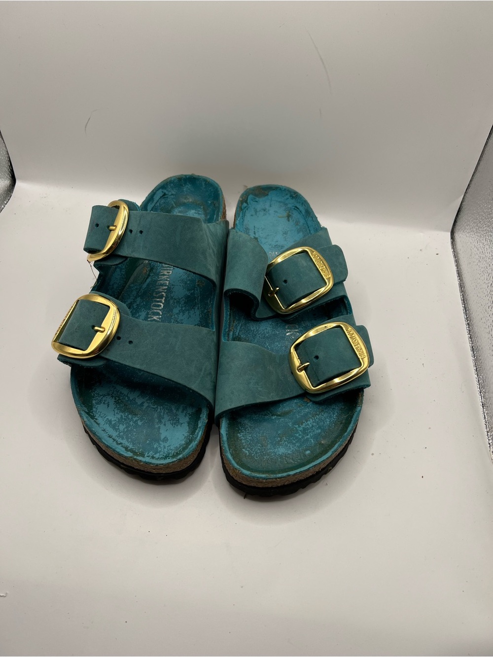 Birkenstock Teal Arizona Sandals with Gold Buckles - Picture 9 of 9
